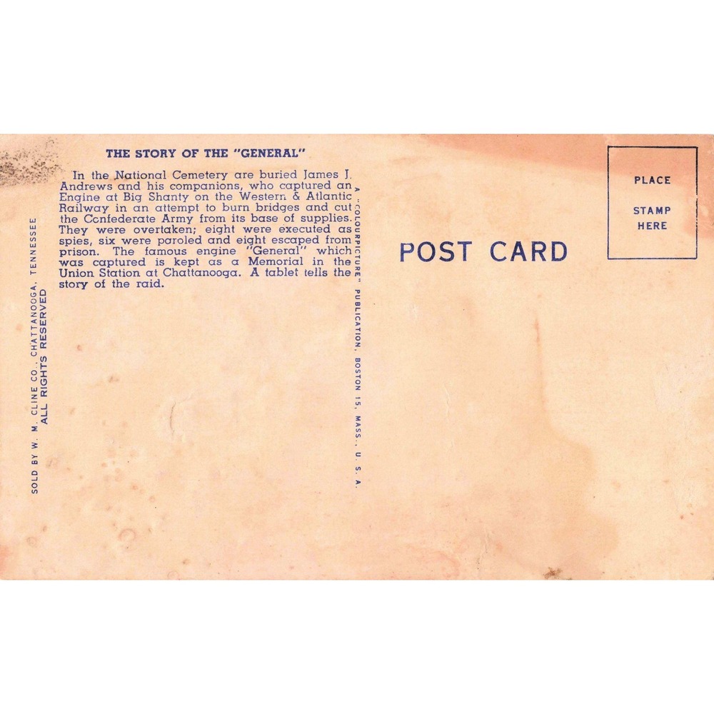 The General Locomotive Linen Postcard Andrews' Raiders Chattanooga TN Depot - Picture 2 of 2